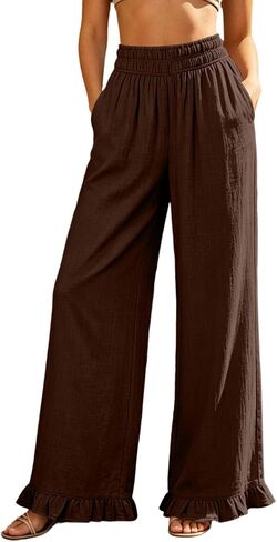 Women's Wide Leg Pants Ruffle Hem Palazzo Pants | Elastic Waist, Loose Fit, Daily Wear, Vacation, Travel, Lightweight, Weekend, Comfortable, Wide-leg Flowy Trousers in Saudi Arabia