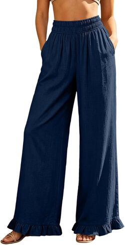 Women's Wide Leg Pants Ruffle Hem Palazzo Pants | Elastic Waist, Loose Fit, Daily Wear, Vacation, Travel, Lightweight, Weekend, Comfortable, Wide-leg Flowy Trousers in Saudi Arabia