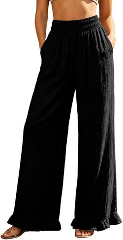 Women's Wide Leg Pants Ruffle Hem Palazzo Pants | Elastic Waist, Loose Fit, Daily Wear, Vacation, Travel, Lightweight, Weekend, Comfortable, Wide-leg Flowy Trousers in Saudi Arabia