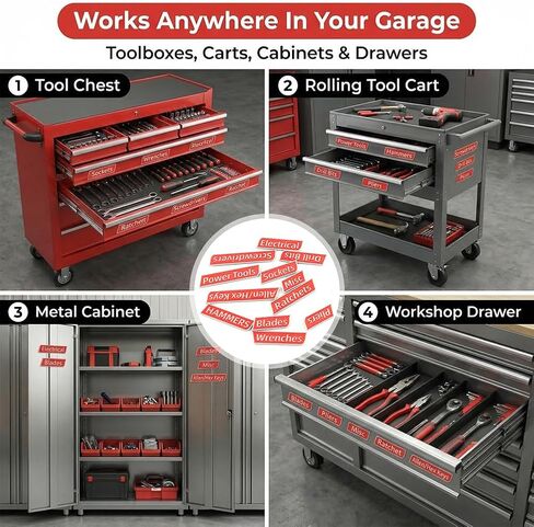12 Pack Magnetic Toolbox Labels, Reusable 3D-Printed Tags for Toolboxes, Carts, Drawers & Cabinets, Customizable Magnetic Labels Designed for Garage Enthusiasts and DIYers(Red) in Kuwait