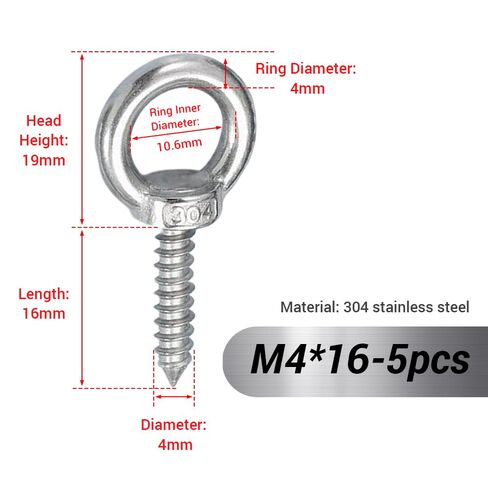 5Pcs 304 Stainless Steel Eye Bolt, M4*16 Self Tapping Eye Hooks for Wood Hanging Tie Downs Hammock Swing Chair Yoga in Kuwait