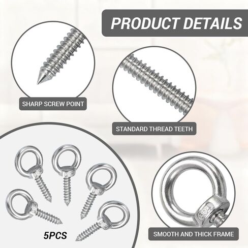 5Pcs 304 Stainless Steel Eye Bolt, M4*16 Self Tapping Eye Hooks for Wood Hanging Tie Downs Hammock Swing Chair Yoga in Kuwait