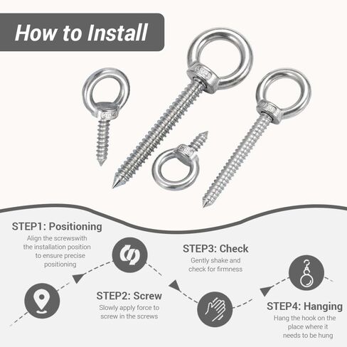 5Pcs 304 Stainless Steel Eye Bolt, M4*16 Self Tapping Eye Hooks for Wood Hanging Tie Downs Hammock Swing Chair Yoga in Kuwait