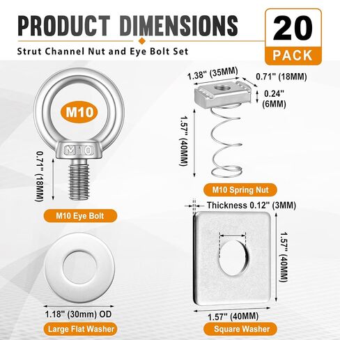 Landhoow 20 Pack M10 Strut Channel Nut and Eye Bolt Set, M10 Stainless Steel Long Spring Channel Nut and Eye Bolts for Hanging, Tie Down, Outdoor & Hardware Fixing, Long Spring in Kuwait
