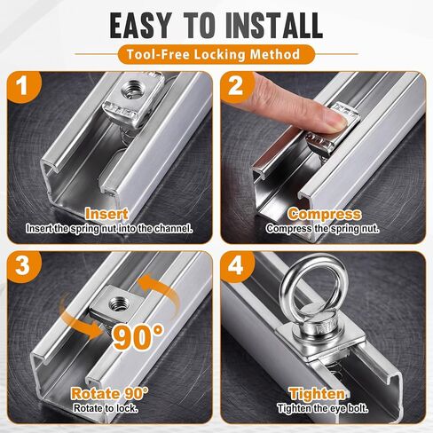 Landhoow 20 Pack M10 Strut Channel Nut and Eye Bolt Set, M10 Stainless Steel Long Spring Channel Nut and Eye Bolts for Hanging, Tie Down, Outdoor & Hardware Fixing, Long Spring in Kuwait
