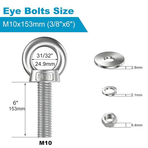 8 Pack M12 Stainless Steel Eye Bolts with Nuts and Washers, 1/2" x 3" Long Lifting Ring Eye Bolt, Heavy Duty Marine Grade 304 Eyebolts for Outdoor String Light Hanging, Tie Down Anchors in Kuwait