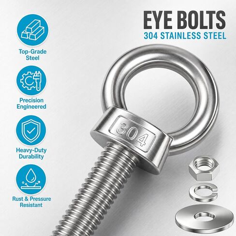 8 Pack M12 Stainless Steel Eye Bolts with Nuts and Washers, 1/2" x 3" Long Lifting Ring Eye Bolt, Heavy Duty Marine Grade 304 Eyebolts for Outdoor String Light Hanging, Tie Down Anchors in Kuwait