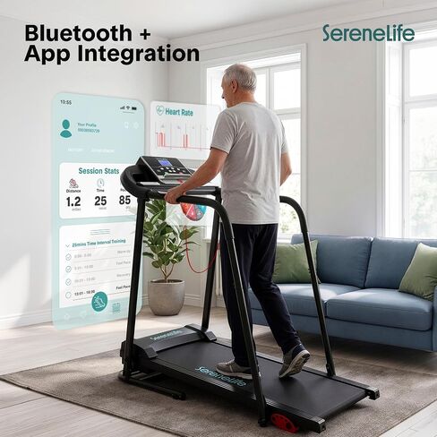 SereneLife Electric Folding Treadmill Exercise Machine - Smart Compact Digital Workout Fitness Trainer w/Bluetooth App Sync, Manual Incline Adjustment, for Walking, Running, Gym in Kuwait