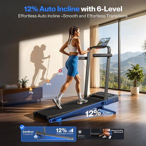 وسادة المشي Cardirun مع انحدار تلقائي بنسبة 12%، وسادة مشي قابلة للطي مع شريط مقبض، سعة 375 رطل، أجهزة مشي هادئة تحت المكتب بقوة 3.5 حصان للمنزل مع شاشة LED، تطبيق ذكي وجهاز تحكم عن بعد in Kuwait