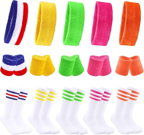 5 Sets Sweat Band Set with Socks Headband Wristbands for Men Women Colorful Sport Sweat Band Set for 80s Party Accessories Gym Running Tennis in Kuwait