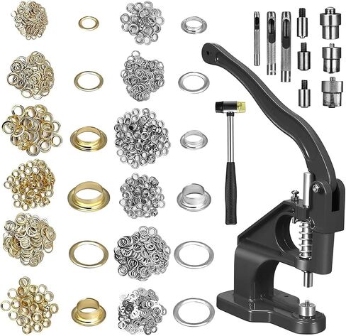 Grommet Press Machine Kit, Heavy Duty Hand Press Tool with 3 Dies (6mm/10mm/12mm), 3000PCS Gold & Silver Eyelets & Rubber Hammer for Fabric Leather Canvas Tarps, Black in Kuwait