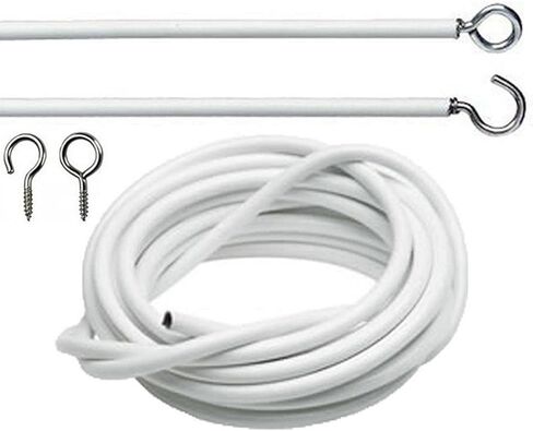 White Net Curtain Wire, 4 Meters/13 Feet Adjustable Curtain Hanging Cord Cable Kit with Self-Adhesive Hooks & Eyes for Window Net Curtains & Voiles in Kuwait