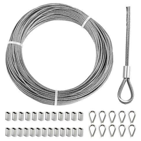 1/16 inch Stainless Steel Wire Cable 100 FT Length,7x7 Strand Core Steel Clothes Line Wires,Aircraft Cable Wire Rope with 25 Aluminum Sleeves & 10 Thimbles,304 Marine Grade Steel Cable in Kuwait