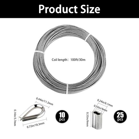 1/16 inch Stainless Steel Wire Cable 100 FT Length,7x7 Strand Core Steel Clothes Line Wires,Aircraft Cable Wire Rope with 25 Aluminum Sleeves & 10 Thimbles,304 Marine Grade Steel Cable in Kuwait