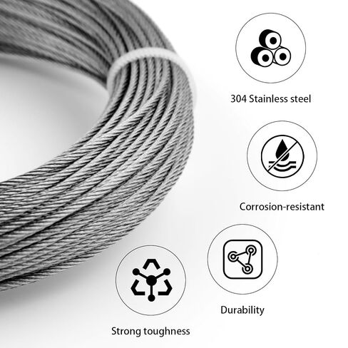 1/16 inch Stainless Steel Wire Cable 100 FT Length,7x7 Strand Core Steel Clothes Line Wires,Aircraft Cable Wire Rope with 25 Aluminum Sleeves & 10 Thimbles,304 Marine Grade Steel Cable in Kuwait