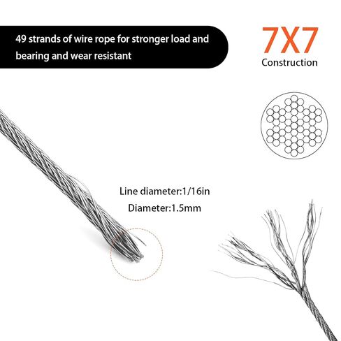 1/16 inch Stainless Steel Wire Cable 100 FT Length,7x7 Strand Core Steel Clothes Line Wires,Aircraft Cable Wire Rope with 25 Aluminum Sleeves & 10 Thimbles,304 Marine Grade Steel Cable in Kuwait