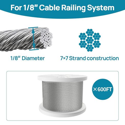 600ft 1/8" Wire Rope Stainless Steel Cable Railing Kit Aircraft Wire Rope Deck Fence Cable Railing Hardware 7x7 Strands for Indoor Outdoor HW01 in Kuwait