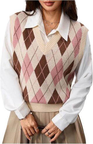 OYOANGLE Women's Geo Print Sweater Vest Y2K Preppy Style V Neck Sleeveless Knitted Tank Top in Saudi Arabia