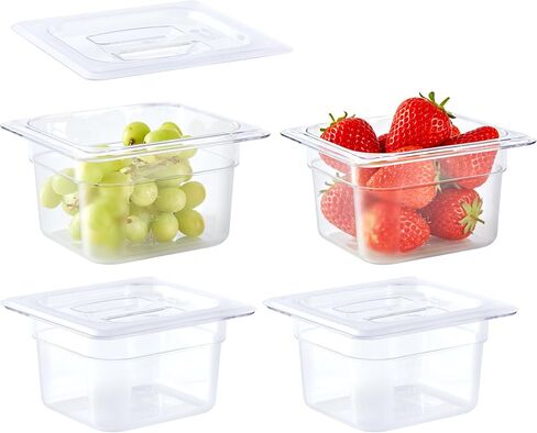 1/6 Size 4" Deep Plastic Food Pans with lids,Clear Polycarbonate Commercial Food Storage Containers, Dishwasher Safe,Stackable & Reusable for Kitchen,Restaurant,Buffets and Salad Bar (4 Pack) in Kuwait