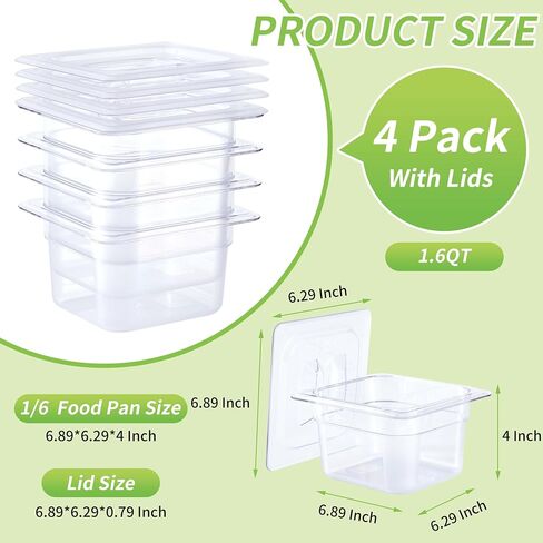 1/6 Size 4" Deep Plastic Food Pans with lids,Clear Polycarbonate Commercial Food Storage Containers, Dishwasher Safe,Stackable & Reusable for Kitchen,Restaurant,Buffets and Salad Bar (4 Pack) in Kuwait
