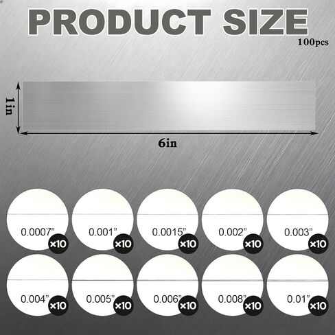 100 Pcs 304 Stainless Steel Shim Stock Assortment, 1" Width x 6" Length Metal Shims for Leveling, Thin Metal Strips Gap Filler Trim Strip, DIY & Industrial Use (0.001"-0.01" Thickness) in Kuwait