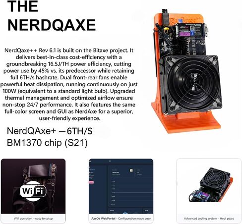 NerdQaxe++ Rev 6.1 Bitcoin Miner، 6 TH/s، حامل برتقالي | استهلاك منخفض للطاقة 100 وات، مراوح صامتة أمامية وخلفية مزدوجة، مصدر مفتوح، وحدة تزويد الطاقة متضمنة، عامل منجم يانصيب منفرد in Kuwait