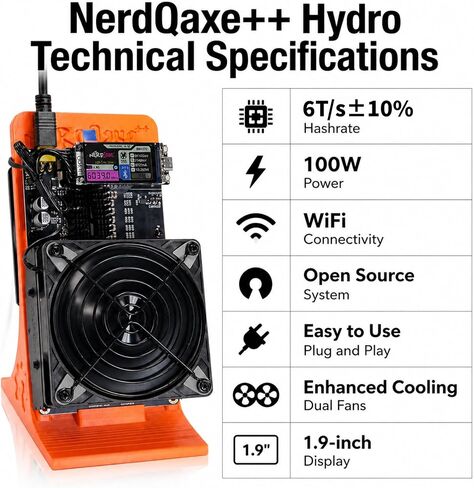 NerdQaxe++ Rev 6.1 Bitcoin Miner، 6 TH/s، حامل برتقالي | استهلاك منخفض للطاقة 100 وات، مراوح صامتة أمامية وخلفية مزدوجة، مصدر مفتوح، وحدة تزويد الطاقة متضمنة، عامل منجم يانصيب منفرد in Kuwait