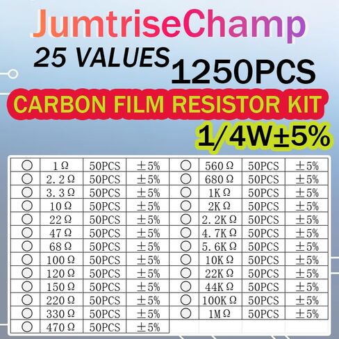 25 قيمة 1250 قطعة مجموعة مقاومات 1 أوم إلى 1 متر أوم 1/4 واط ± 5% تشكيلة مقاومات فيلم الكربون مع صندوق تخزين للإلكترونيات التي تصنعها بنفسك، والنماذج الأولية، والإصلاح in Kuwait