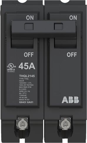 ABB Q-Line® THQL2145 Circuit Breaker • 45 Amp Double-Pole Breaker • 120/240 VAC • 10 kAIC Interrupt Rating • Thermal Magnetic Plug-On Breaker for Load Centers in Kuwait