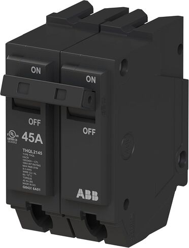 ABB Q-Line® THQL2145 Circuit Breaker • 45 Amp Double-Pole Breaker • 120/240 VAC • 10 kAIC Interrupt Rating • Thermal Magnetic Plug-On Breaker for Load Centers in Kuwait