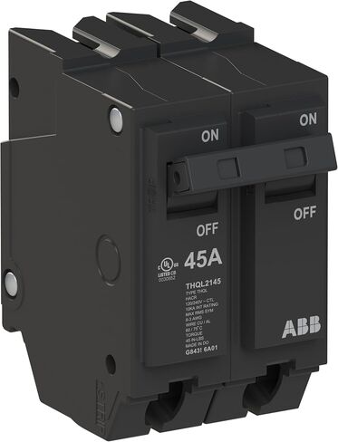 ABB Q-Line® THQL2145 Circuit Breaker • 45 Amp Double-Pole Breaker • 120/240 VAC • 10 kAIC Interrupt Rating • Thermal Magnetic Plug-On Breaker for Load Centers in Kuwait