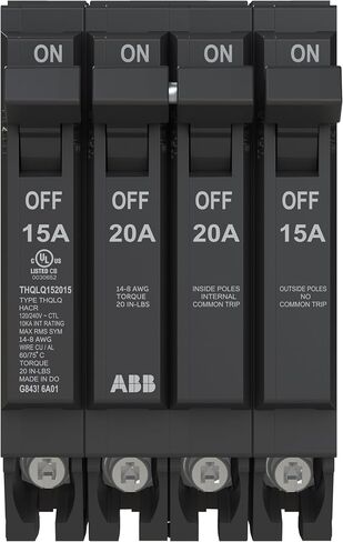 قاطع دائرة رباعي ABB Q-Line® THQLQ152015 • تكوين 15A/1P، 20A/2P، 15A/1P • 120/240 VAC • تصنيف مقاطعة 10 kAIC • قاطع توصيل مغناطيسي حراري لمراكز التحميل in Kuwait