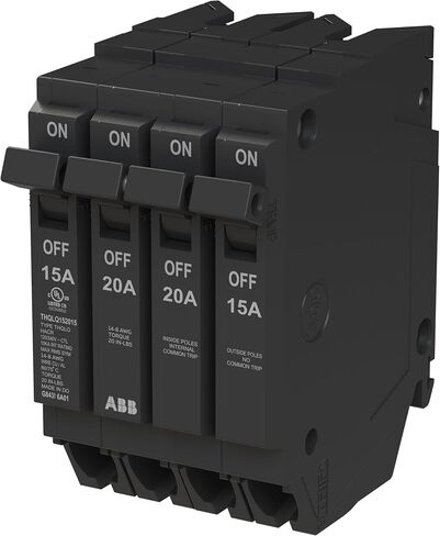قاطع دائرة رباعي ABB Q-Line® THQLQ152015 • تكوين 15A/1P، 20A/2P، 15A/1P • 120/240 VAC • تصنيف مقاطعة 10 kAIC • قاطع توصيل مغناطيسي حراري لمراكز التحميل in Kuwait