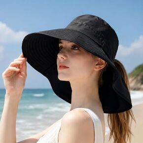 8112 Ladies Sunshade Large Brim Ponytail Bucket Hat(Black) in Saudi Arabia
