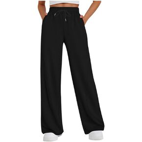 Women Sweatpants Drawstring Elastic High Waist Wide Leg Sweat Pants Straight Leg Casual Baggy Trousers with Pockets in Kuwait