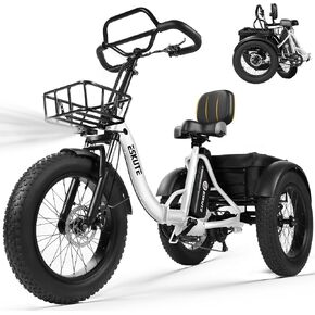 دراجة كهربائية ESKUTE T300 Pro للبالغين، بطارية طويلة المدى 998.4 وات في الساعة، محرك ذروة 1200 وات، إطارات سميكة 20 بوصة × 4.0 بوصة، دراجة إلكترونية بمقود فراشة قابلة للطي بثلاث عجلات مع أكياس تخزين in Kuwait
