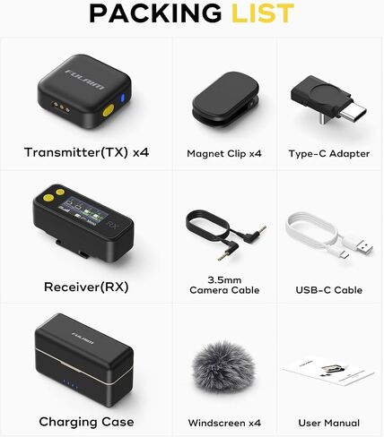 FULAIM 4-Pack Wireless Lavalier Microphone for iPhone 15 16 17 Android Camera PC, AI Noise Cancellation, 300m Range, 21H Battery Life with Charging Case, Lapel Mini Mic for Vlog Interview TikTok in Kuwait