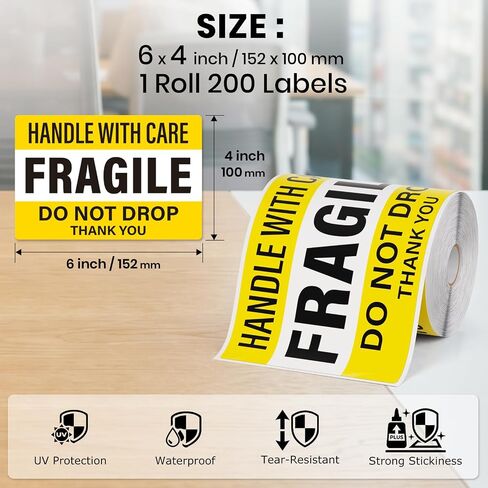 200 PCS Fragile Shipping Stickers 6" X 4" Do Not Drop Labels Handle with Care Stickers Thank You Adhesive Packing Warning Labels in Kuwait