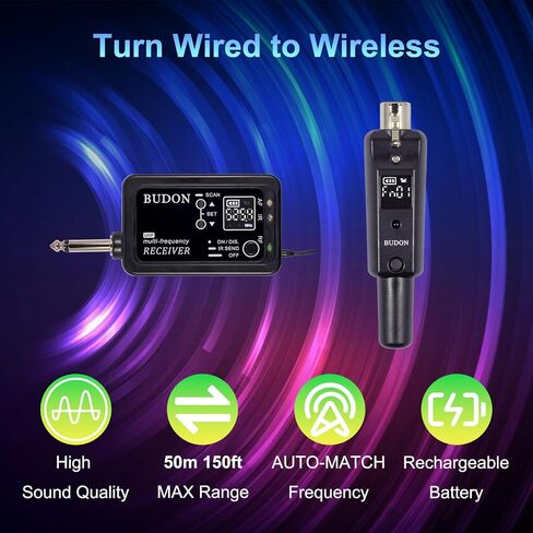 BUDON Wireless XLR Microphone Adapter, UHF Transmitter & Receiver with 99 Channels,164ft Range, Rechargeable for Converting Dynamic Mics to Wireless for PA Systems, Mixers & Cameras in Kuwait