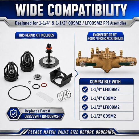 for Watts 009M2 1-1/4" - 1-1/2" Total Repair Kit 0887794 fits 009M2, 009M2QT, LF009M2, LF009M2QT RPZ Backflow Preventer, RK-009M2-T Rebuild Kit for 1-1/4" & 1-1/2" Reduced Pressure Zone Assembly in Kuwait