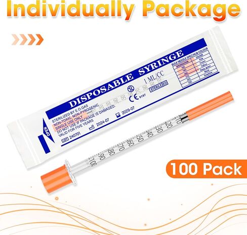 حقنة 1cc 32G 1/4 بوصة 6 مم، U-100 1 مل محاقن مختبرية، مغلفة بشكل فردي، عبوة من 100 in Kuwait
