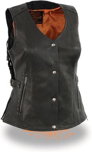 Milwaukee Leather MLL4565 Women's Black Fringed Leather Rivet Detail Side Buckle and Zipper Motorcycle Rider Vest in Kuwait