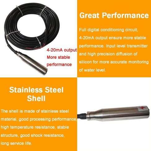 10M Pressure Range Liquid Level Transmitter 4-20mA Signal Water Level Sensor Detector Pressure Transmitter Submersible Water Level Transducer Sensor 24-32VDC, for Tanks Wells in Kuwait
