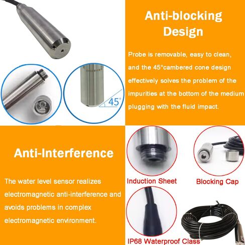 10M Pressure Range Liquid Level Transmitter 4-20mA Signal Water Level Sensor Detector Pressure Transmitter Submersible Water Level Transducer Sensor 24-32VDC, for Tanks Wells in Kuwait