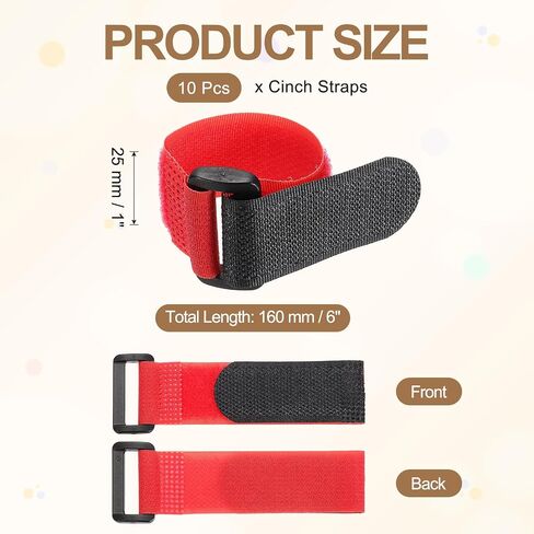 PATIKIL 1"x6" Reusable Cinch Straps, 10Pcs Adjustable Nylon Multipurpose Hook and Loop Cable Securing Straps with Plastic Buckle for Organizer Storage Cables Cords Ropes, Red in Kuwait