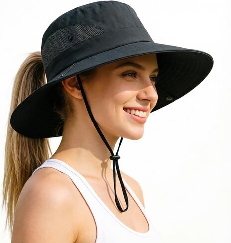 Women's Ponytail Bucket Hat UPF 50+, Breathable Mesh Sun Hat Foldable Wide Brim, Quick Dry for Travel Beach Vacation Walking in Saudi Arabia
