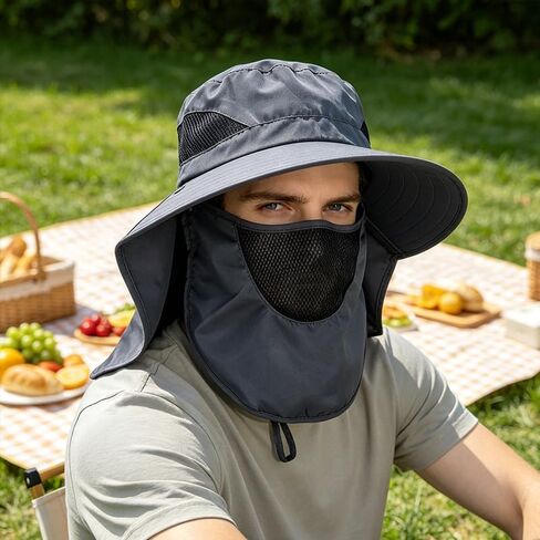 UV Protection Sun Hat, Breathable Mesh Fishing Hat with Removable Face Cover & Neck Flap,Wide Brim Outdoor Hat for Men Women in Saudi Arabia
