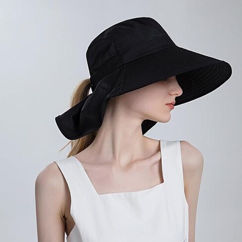 8112 Ladies Sunshade Large Brim Ponytail Bucket Hat(Black) in Saudi Arabia