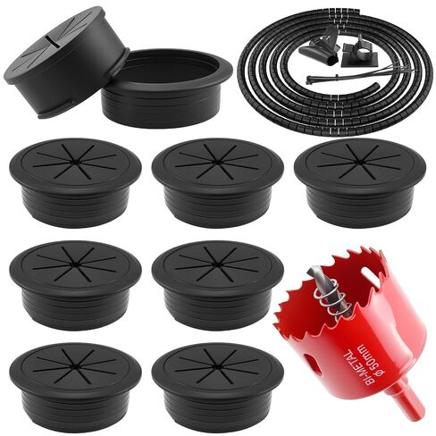 8Pcs Desk Grommet & 16Ft Cable Sleeve & 1Pcs Hole Saw, 50mm (2 Inch) Desk Cord Hole Cover Organizer Management Caps with Wire Management & Tie & Holder for Office, Home Table Cable in Saudi Arabia