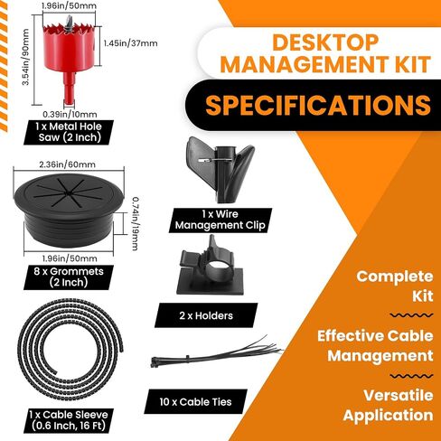 8Pcs Desk Grommet & 16Ft Cable Sleeve & 1Pcs Hole Saw, 50mm (2 Inch) Desk Cord Hole Cover Organizer Management Caps with Wire Management & Tie & Holder for Office, Home Table Cable in Saudi Arabia